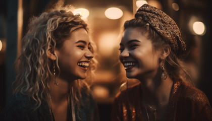 Young adults enjoy carefree nightlife together laughing generated by AI