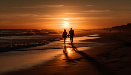 Fototapeta na wymiar Sunset romance two people embracing on beach generated by AI