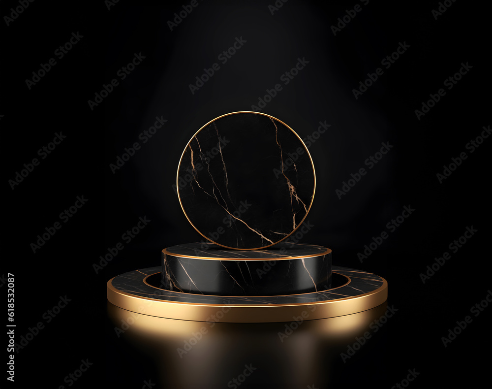 Aufkleber abstract minimal concept. modern dark black marble podium stage platform display on background room.