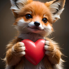 Fototapeta na wymiar A very cute red fox holds a red heart in his paws. Gives love, falling in love. Fox character.