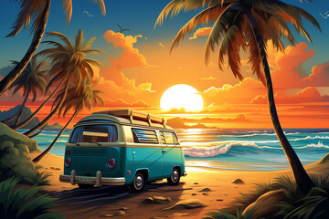 Vintage van in the beach in sunset light, with a surfboard on the roof in the style of watercolor, white background. Generative AI