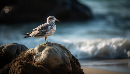 Seagull standing on rock at water edge generated by AI