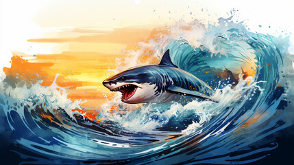 Swimming shark in water of ocean against sunset sky. Watercolor style. Generative AI