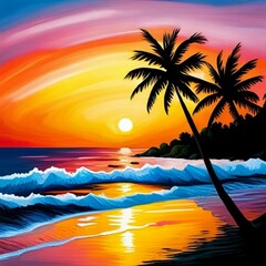 Fototapeta na wymiar oil painting of a sunset over the ocean, with orange and pink hues, gentry rolling waves, and palm trees, heavily textured brushstrockes, dramatic lighting, ai generated