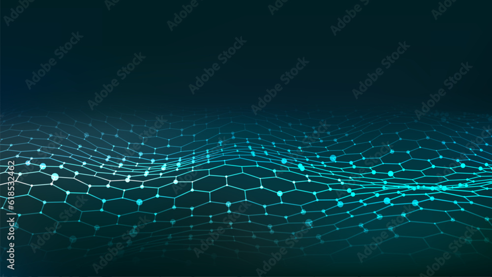 Poster digital hexagon dynamic wave of particles. vector abstract blue futuristic background. big data visu