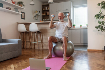Gray hair senior adult man exercising at home with hand weights in his living room.