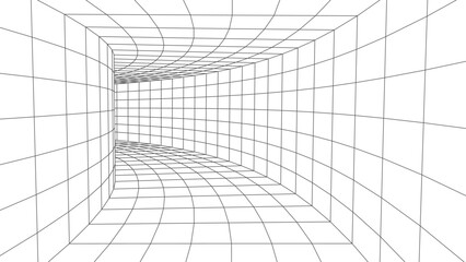 White wireframe room. Empty perspective box. Futuristic digital grid cube. Cyberspace with mesh in virtual reality. Vector illustration.
