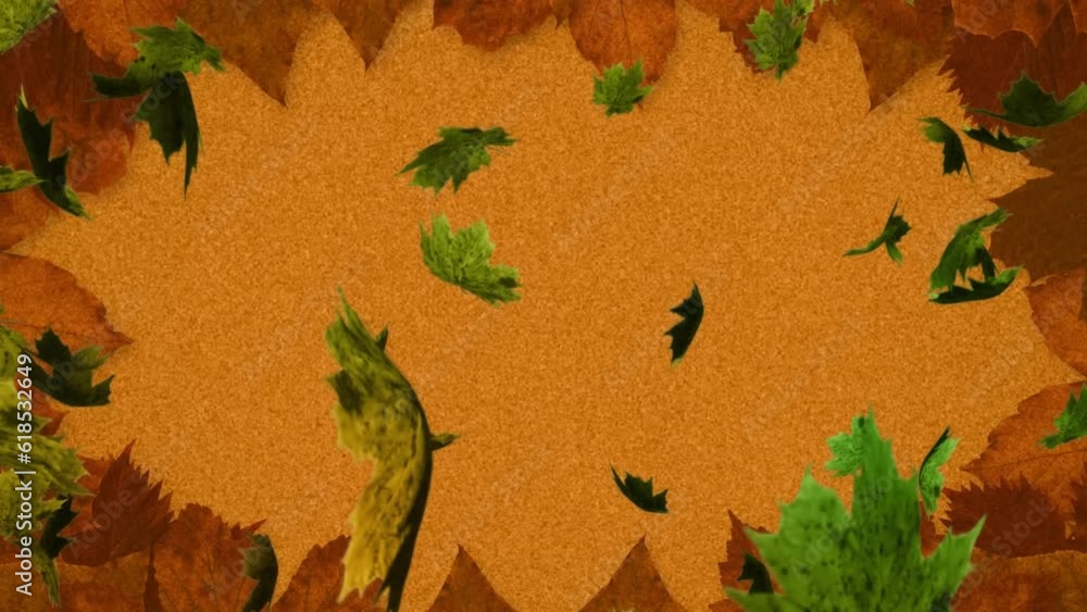 Poster animation of floating leaves with copy space on orange background