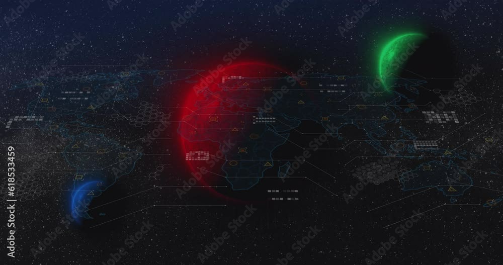 Poster animation of geometric shapes on map over multicolored globes against galaxy in background