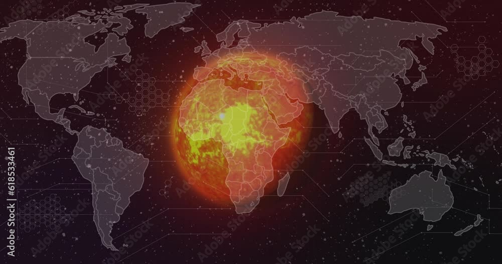 Poster animation of circuit board pattern over map against glowing globe against space