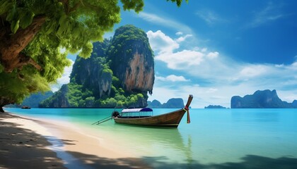 Plakat Traditional Thailand Boat in Turquoise Water Generative AI