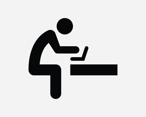 Man Using Laptop Icon Person Stick Figure Work Study Computer Cafe Sit Sitting Down Worker Black White Graphic Clipart Artwork Symbol Sign Vector EPS