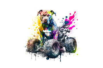pit bull on a quad bike painted with colored watercolors isolated on a white background. Generated by AI.