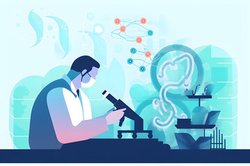 Flat vector illustration research and developement concept background scientist or reseacher using microscope in biotechnology laboratory overlay with dna strand and molecules symbo concept of dna eng