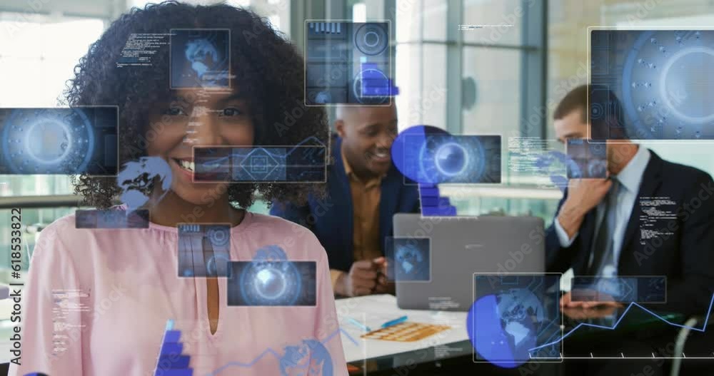 Poster animation of globes, graphs, computer language, diverse coworkers working and using technology