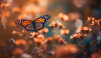 Vibrant butterfly pollinates multi colored flower in meadow generated by AI