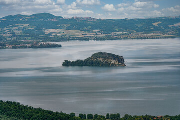 Panorama from Montefiascone Viterbo Lazio Italy towards the Bisentina island on the Bolsena lake