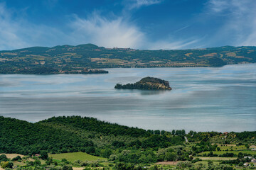 Panorama from Montefiascone Viterbo Lazio Italy towards the Bisentina island on the Bolsena lake