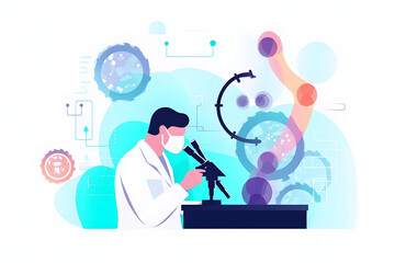 Flat vector illustration research and developement concept background scientist or reseacher using microscope in biotechnology laboratory overlay with dna strand and molecules symbo concept of dna eng