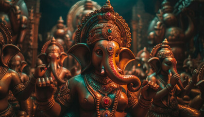 Fototapeta na wymiar Multi colored elephant statue symbolizes Hinduism spirituality and beauty generated by AI
