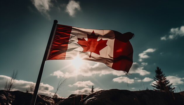 Canadian flag waving in majestic mountain landscape generated by AI