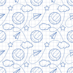 Seamless pattern with volleyballs in sketch style on a white checkered background