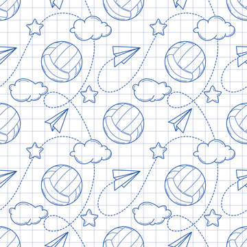 Seamless pattern with volleyballs in sketch style on a white checkered background