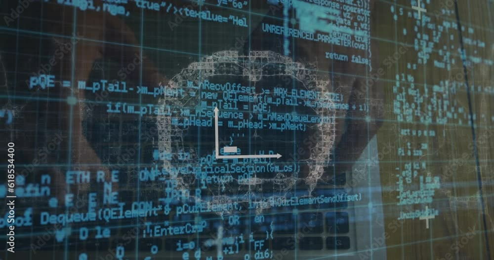 Poster animation of graph over computer language, human brain, cropped hands of caucasian man using laptop