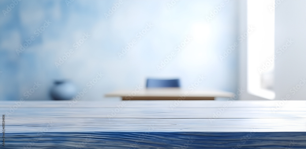 Fototapete creative mock concept. empty blue wooden table top in front of study room office with window in grun