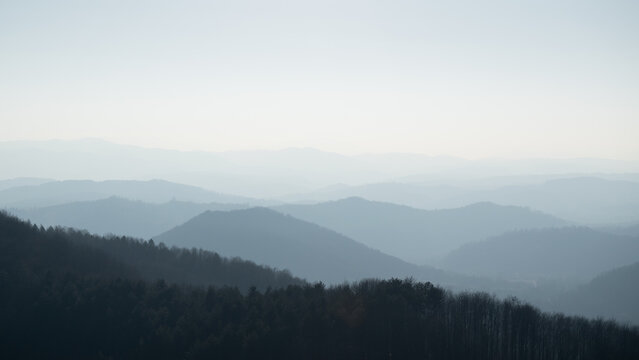 Mountain layers in haze, view from mountain Ljubic near Prnjavor © slobodan