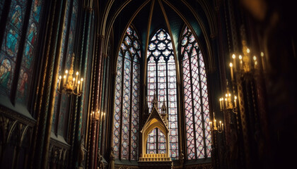 Fototapeta na wymiar Stained glass illuminates majestic gothic basilica interior generated by AI