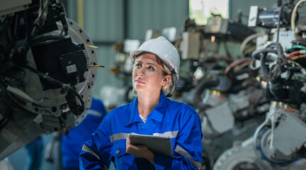 woman engineer in uniform helmet inspection check control heavy machine robot arm construction installation in industrial factory. technician worker check for repair maintenance electronic operation