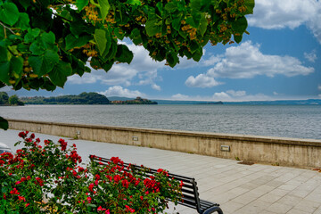 Marta,Italy-06202023:Panorama along the lakeside of the village of Marta on Lake Bolsena Viterbo...