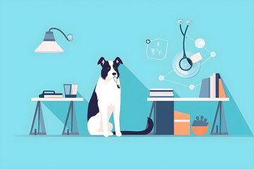 Flat vector illustration puppy dog border collie paws and stethoscope isolated on blue background little dog on reception at veterinary doctor in vet clinic pet health care and animals concept banner