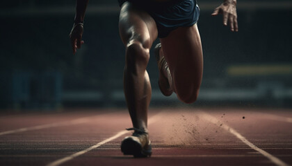 Muscular athlete sprints towards championship under blue lights generated by AI