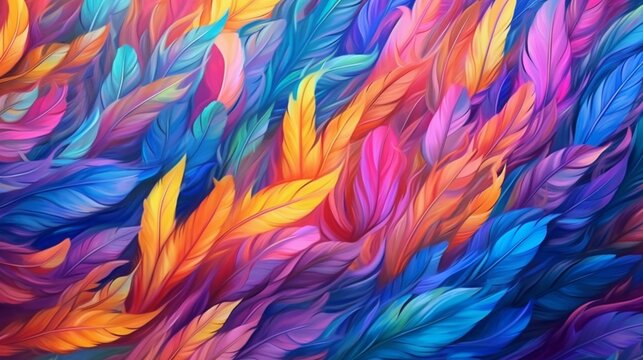 colorful feathers leave on the living wall 3d abstract.Generative AI
