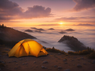 Breathtaking Sunrise: Yellow Tent perched on a Hilltop Amidst Enchanting Sea of Clouds