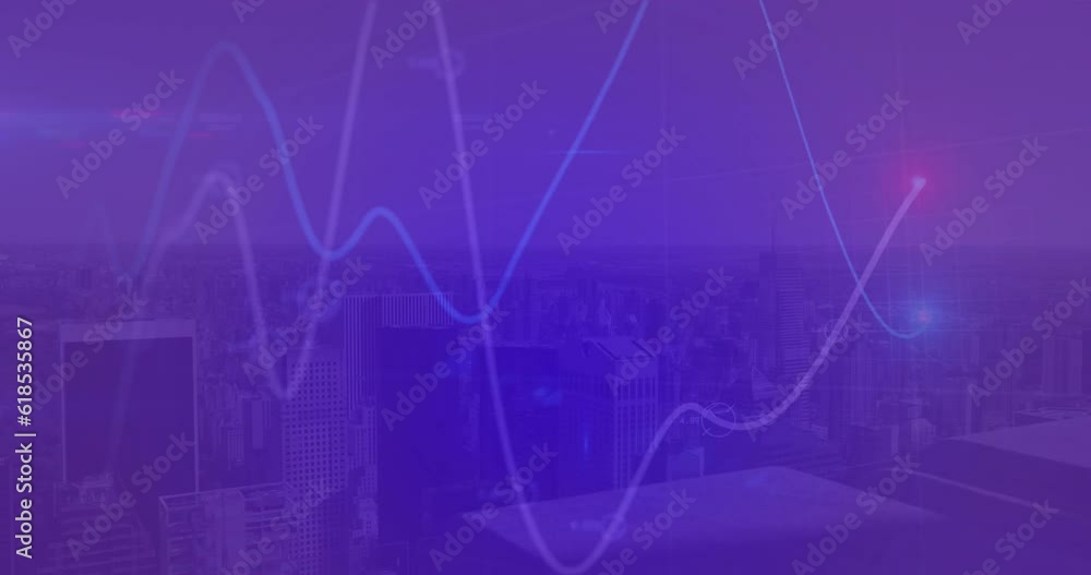 Poster animation of illuminated dots forming multiple graphs aerial view of modern cityscape