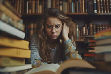 Ginger student girl in glasses depressed in the university library.