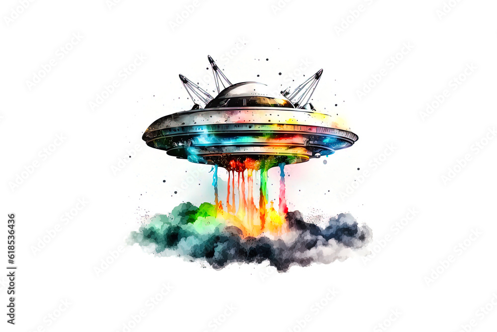 Poster ufo drawn with colored watercolors isolated on a white background. generated by ai.
