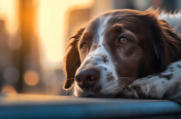 Homeless dog lying on the road on a blurred city background. Dog's muzzle close-up. The look of an purebred homeless dog.