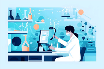 Flat vector illustration professional health care researchers working in a medical science laboratory technology of medicinal chemistry lab