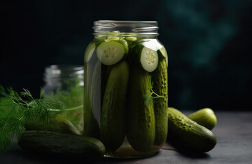 Green pickled cucumbers in a glass jar on a dark background. Dill sprigs, cucumber and jars. Pickles making.