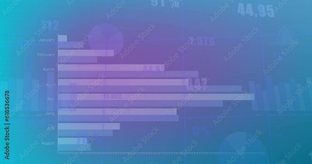 Poster Animation of month names with graphs and changing numbers against blue background