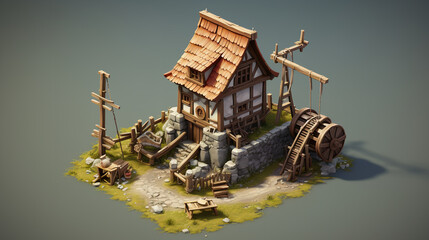 medieval mill and housing ai gen digital render