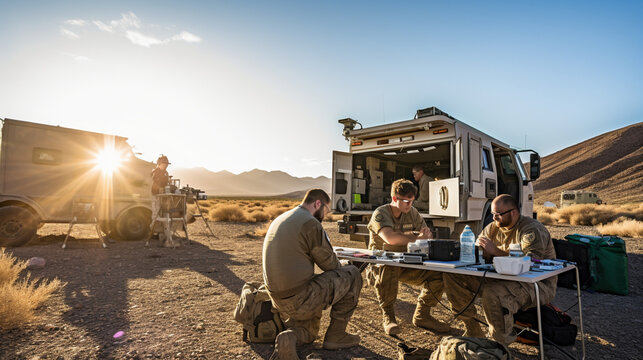A group of military medical personnel conducting field exercises, setting up a mobile medical unit in a remote location Generative AI