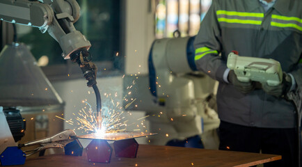 Engineer control robot arm machine welding steel, worker using forcing welding control screen which for precision welding control. Worker control automation welding robot in hi tech heavy factory