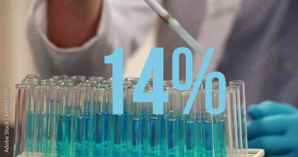 Poster animation of countdown from 0 to 49 with percentile over midsection of scientist injecting liquid