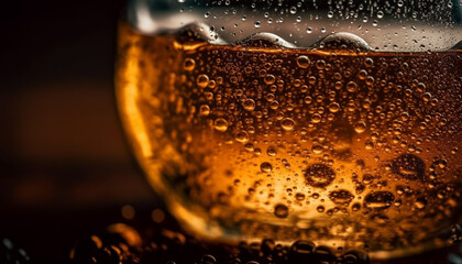 Frothy gold liquid drops in beer glass generated by AI