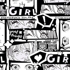 Abstract seamless pattern with comics anime girl. Kawaii woman repeat print. Girlish trendy style design with. girlish fashion repeat print.
